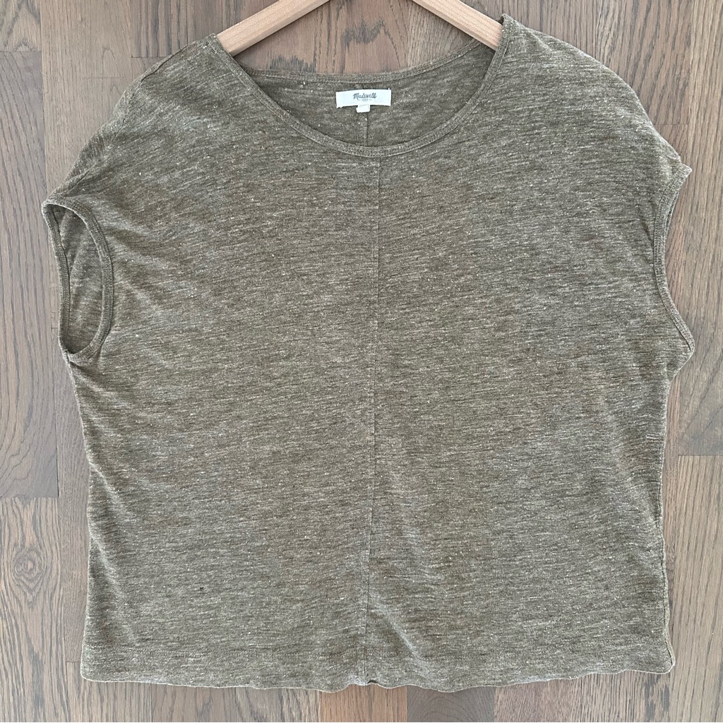 Madewell Cap Sleeve Miracle 100% Linen Tee B9155 In Heather Olive Green Small
